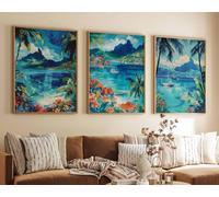 Red Benson A3 Triptych - 42×90 cm / 16.7×35.4 in - 2 Set of 3 Bora Travel Prints Beach Posters French Polynesia