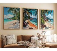 Red Benson A3 Triptych - 42×90 cm / 16.7×35.4 in - 3 Set of Anse Source d Argent Beach Travel Prints Seychelles Posters