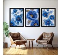 Red Benson A3 Triptych - 42×90 cm / 16.7×35.4 in - Blue Floral Elegant Botanical blossoming specimen portraits cool palette grace r
