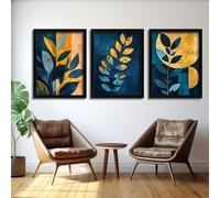 Red Benson A3 Triptych - 42×90 cm / 16.7×35.4 in - Blue Gold Botanical layered leaf arrangements azure metallic balance quiet refin