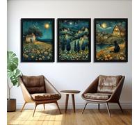 Red Benson A3 Triptych - 42×90 cm / 16.7×35.4 in - Gustav Klimt Landscape Ornament Triptych rolling terrain gilded texture echoes m