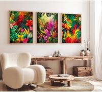 Red Benson A3 Triptych - 42×90 cm / 16.7×35.4 in - Henri Rousseau Exotic Rainforest Panels Triptych layered greens imagined wildern