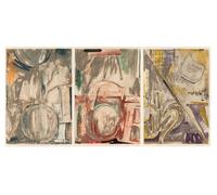 Red Benson A3 Triptych - 42×90 cm / 16.7×35.4 in - Jasper Johns Voice II Triptych layered symbols painterly surfaces abstract sign