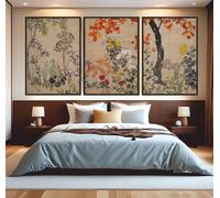 Red Benson A3 Triptych - 42×90 cm / 16.7×35.4 in - Rinpa Floral Pair Triptych Japanese Decorative Blossoms Bold Contours Gold Leaf