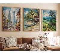 Red Benson A4 Triptych - 30×63 cm / 11.8×24.9 in - 2 Set of 3 Malaysia Posters Travel Prints Art Tropical Decor Floral Asian