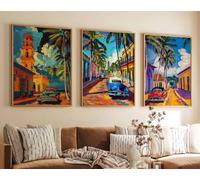 Red Benson A4 Triptych - 30×63 cm / 11.8×24.9 in - 3 Set of Cuba Posters Travel Prints Art Caribbean Wall Botanical Decor North Am