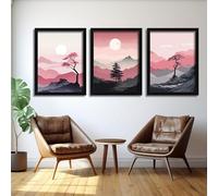 Red Benson A4 Triptych - 30×63 cm / 11.8×24.9 in - Black Pink Landscape Scene dusk horizon composition solitary arboreal focal poin