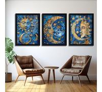 Red Benson A4 Triptych - 30×63 cm / 11.8×24.9 in - Celestial Sun Moon Star cosmic cycle iconography orbital balance symbolism conte