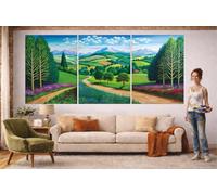 Red Benson A4 Triptych - 30×63 cm / 11.8×24.9 in - David Hockney Lush Countryside Rolling Fields Winding Road Trees Modern British