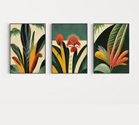 Red Benson A4 Triptych - 30×63 cm / 11.8×24.9 in - Henri Rousseau Tropical Jungle Triptych dense foliage dreamlike fauna exotic sti
