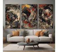 Red Benson A4 Triptych - 30×63 cm / 11.8×24.9 in - Pollock Style Office Abstract Triptych Neutral Corporate Palette Dynamic Drips C