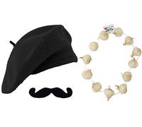 RED BERET & ONION + CURLY TASHES GARLAND FRENCH BASTILLE DAY FANCY DRESS SET MENS & LADIES (BLACK BERET & ONION GARLAND)