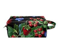 Red Berries and Blue Meadow Flower Women’s Leather Cosmetic Bag Pouch with Handle, Waterproof Hanging Toiletry Travel Bag, Small Pencil Case for Kids