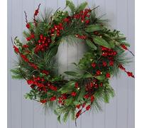 Red Berries Christmas Wreath Light Up Pine Spruce Branches Rattan Twigs 60cm