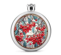 Red Berries Stained Glass Stainless Steel Hip Flask for Liquor, Round Pocket Portable Wine Flask for Drink 5 Oz