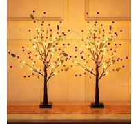 Red Berry Blossom Tree with Lights, 21 in Artificial Christmas Twinkle Tree Lamp, Tabletop Bonsai Trees Night Lamp, Christmas Thanksgiving Tabletop Centerpiece Decor (Red*2)