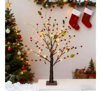 Red Berry Blossom Tree with Lights, 24 LED Lighted Branches Bonsai Twinkling Lamps, Battery/USB Operated Removable Base, Christmas Home Decor (Red)