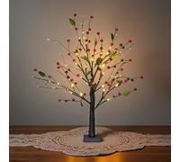 Red Berry Blossom Tree with Lights, 60cm Artificial Mini Christmas Berry Blossom Twinkling Tree Battery Powered, Green Leaf Red Berries Trees for Christmas, Holiday, Party, Decoration (A02)