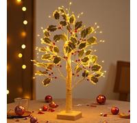 Red Berry Blossom Tree with Lights, 60cm Artificial Mini Christmas Berry Blossom Twinkling Tree Battery Powered, Green Leaf Red Berries Trees for Christmas, Holiday, Party, Decoration (A01)