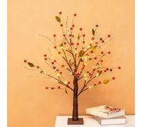Red Berry Blossom Twinkling Tree, Reds Berry Blossom Tree with Lights, New Decorative Trees With Lights, Artificial Bonsai Twinkling Lamps, Christmas Tabletop Decor with 24 Led Beads (Red)