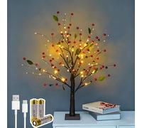 Red Berry Blossom Twinkling Tree, Upgraded Reds Berry Blossom Tree with Lights, 24 LED Artificial Bonsai with Battery/USB Operated for Tabletop Centerpiece Christmas Living room Decor (1, Red)