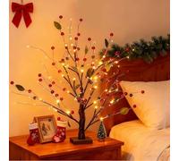 Red Berry Blossom Twinkling Tree with Lights, Artificial Christmas Lighted Mini Birch Tree, 24 LED Tabletop Lighted Bonsai Trees, 48 Red/gold Berry Branches,USB Operated (red)