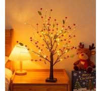 Red Berry Blossom Twinkling Tree With Lights, Battery Operated LED Sparkly Fairy Tree Light, Adjustable 24 LED Lighted Red Berry Branches, Artificial Vintage Glowing Christmas Trees Bonsai Lamp Decor
