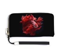 Red Betta Siamese Fighting Fish Womens Wristlet Wallet Leather Long Purse Card Holder Clutch Handbag