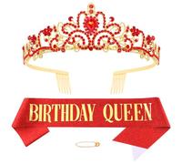 Red BIirthday Crown Queen Sash Kit for Women Girls Birthday Decorations Rhinestone Princess Crowns Crystal Birthday Headbands Happy Birthday Tiara Women Birthday Clothing Accessories