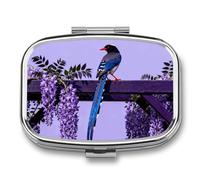 Red-Billed Blue Magpie pilldispenser with Mirror 2 Compartments Waterproof PillCase for Purse Pocket Non-Slip Grip Travel Medicine Organizer Container Box for Vitamin Fish Oil Supplement