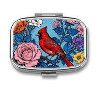 Red Bird And Flower Illustration Pill Box Travel Pill Organizer 2-Compartment with Mirror Design Portable Square Medicine Case for Vitamins, Jewelry & Essentials Durable Pocket Pillcase for Purse, Cam