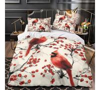 Red Bird Art Quilt Cover 3D Design Printed Machine Washable 3 Pcs Bedding Set Zipper Watercolor Nature Duvet Cover Ultra Soft Hypoallergenic for Kids Adults Women Teens Youth Single（135x200cm）