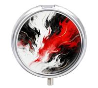 Red Black Abstract Pill Box Travel Pill Organizer 3-Compartment with Mirror Design Portable Round Medicine Case for Vitamins, Jewelry & Essentials Durable Pocket Pillcase for Purse, Camping