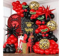 Red Black Balloons Garland Arch Kit, 133pcs Green Cherry Black Red Explosion Star Foil Balloons, 4D Cheetah Print Mylar Balloon for Berry Themed Birthday Baby Shower Bachelorette Party Decorations