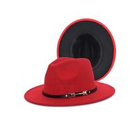 (Red*black) Black Reversible Colour Blocking Hat Women's Tweed Bowler Hat Flat Brim Men's Jazz Felt Hat