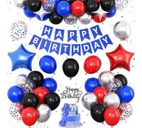Red Black Blue Birthday Decorations for Boys,Metallic Silver Blue Red Party Balloons Star Foil Balloons Banner Cake Topper Kids Theme Birthday Party Decor