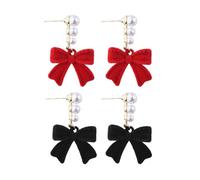 Red Black Bow Pearl Earrings for Women Velvet Bow Earring Elegant Bridal Earrings for Women Wedding Bowknot Earrings Pearl Dangle Earrings for Women Wedding Accessories Pearl Bow Earrings Set of 2