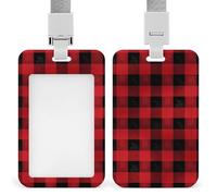 Red Black Buffalo Check Plaid Pattern Badge Holder Heavy Duty Carabiner Keychain ID Badge Holders with Clip and Keyring Funny Card Holders with Detachable Neck Lanyard