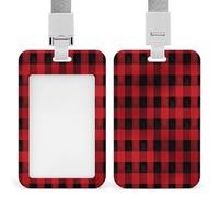 Red Black Buffalo Check Plaid Pattern ID Badge Holder Waterproof Card Protector Push-Pull Slot Work ID Card Holder with Lanyard Personalized Detachable Card Holders for Office Corporate Use