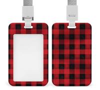 Red Black Buffalo Check Plaid Pattern ID Badge Holder with Lanyard - Hard Plastic ID Card Holder Waterproof Name Tag Holders, Heavy Duty Badge Reel Vertical Card Protector for Office Nurse Teacher