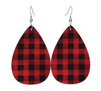 Red Black Buffalo Check Plaid Pattern Leather Earrings for Women Teardrop Earrings Lightweight Dangle Drop Earrings Cute Jewelry Gift
