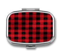 Red Black Buffalo Check Plaid Pattern Pill Box 2 Compartment Decorative Metal Pill Case for Pocket Or Purse Travel Portable Medicine Box Pill Container Organizer for Vitamins Fish Oils Supplements