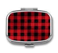 Red Black Buffalo Check Plaid Pattern Pill Box 2 Compartment - Small Metal Medicine Organizer Portable Pill Case for Purse Pocket Travel Vitamin Organizer for Men Women, BPA-Free