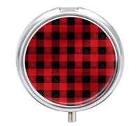 Red Black Buffalo Check Plaid Pattern Pill Box 3 Compartment Metal Round Pill Case Travel Pill Organizer Small Portable Medicine Vitamin Container for Purse and Pocket to Hold Vitamins Supplements