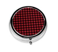 Red Black Buffalo Check Plaid Pattern Printed Round Travel Pill Box Cute Small Metal Pocket Pill Case for Men & Women 3 Compartment Portable Pill Organizer for Purse or Pocket