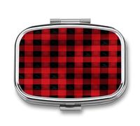 Red Black Buffalo Check Plaid Pattern Small Pill Box for Purse Travel Essentials Metal Pill Case 2 Compartments Compact Medicine Container Portable Daily Pill Organizer for Vitamins Fish Oils