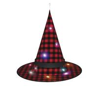 Red Black Buffalo Check Plaid Pattern Witch Hat Halloween - Foldable Decorative Party Hat with LED Lights for Party, Masquerade, Carnival & Christmas