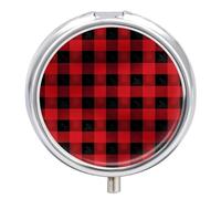 Red Black Buffalo Check Plaid Pill Case 3 Compartment Portable Pill Box Daily Round Pill Organizer for Pocket Purse Daily Medicine Container to Hold Vitamins Fish Oil Travel Gifts