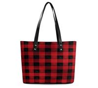 Red Black Buffalo Check Plaid Tote Bag Large Soft Leather Purse with Zipper Lightweight Ladies Shoulder Handbag