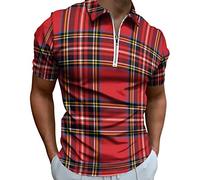 Red Black Buffalo Scottish Tartan Plaid Checkered Polo Shirt for Men Casual Zipper Collar T-shirts Golf Tops Slim Fit